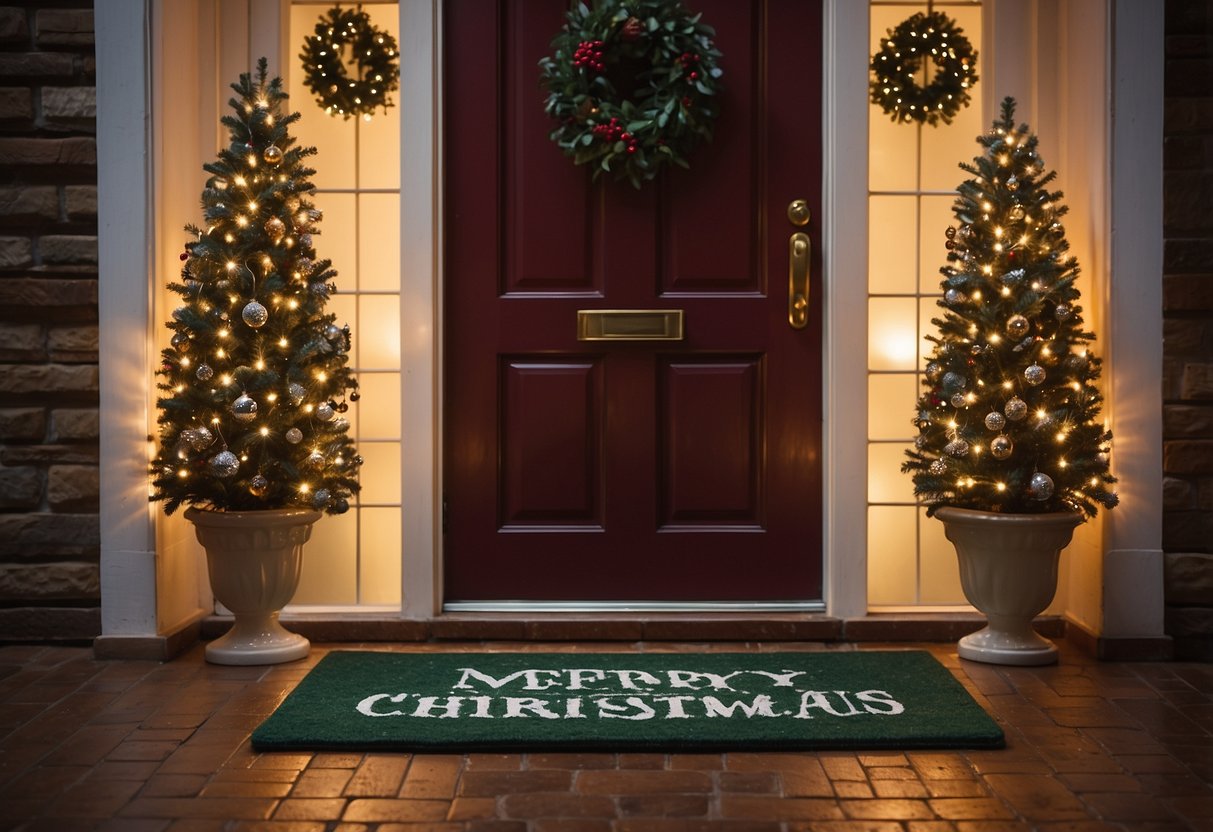 A festive doormat with holly, snowflakes, and a "Merry Christmas" greeting, placed in front of a warmly lit doorway