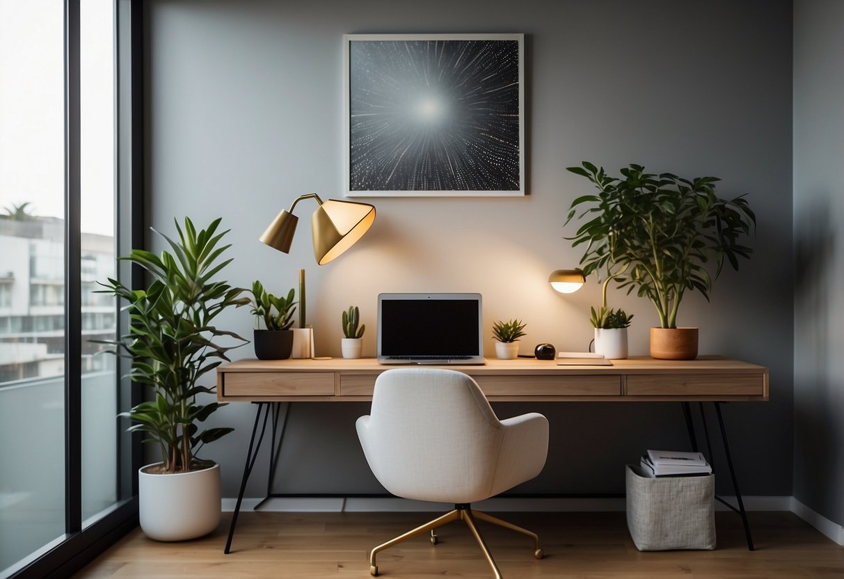 A sleek desk with a minimalist lamp, potted plants, and abstract art. A comfortable chair and geometric shelving complete the modern home office decor