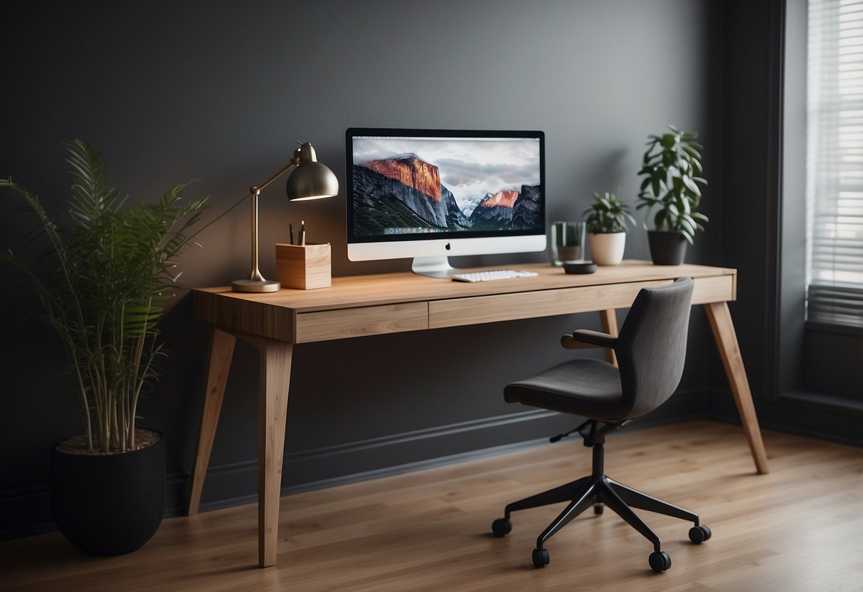 A sleek standing desk with minimalist decor in a modern home office