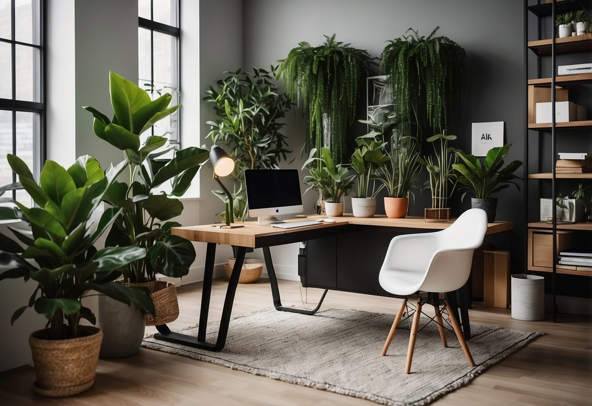 A sleek home office with modern decor features decorative indoor plants