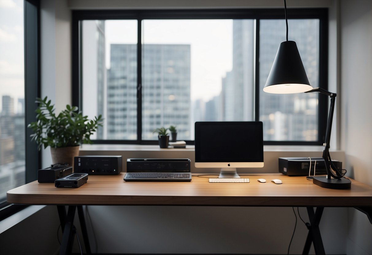 A sleek desk with neatly organized cables, surrounded by minimalist decor and technology in a modern home office