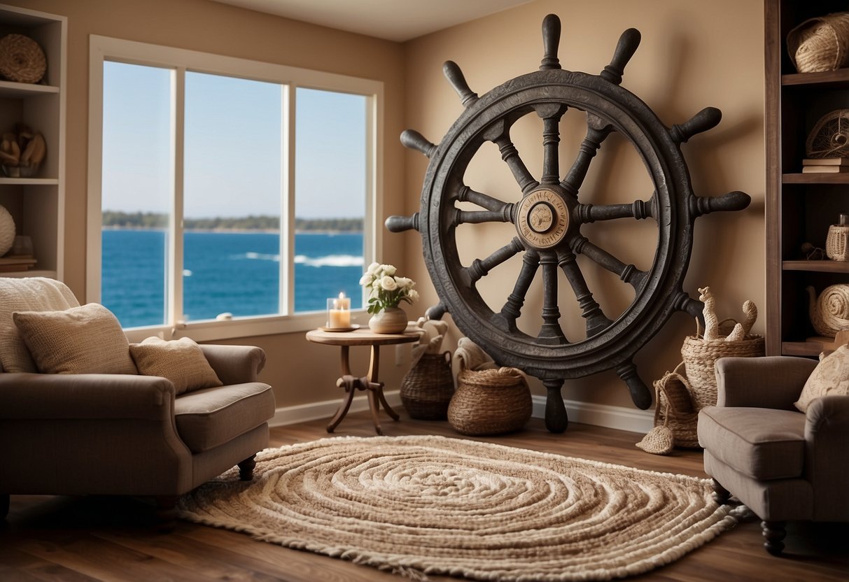 A cozy living room with a ship wheel as wall decor, a nautical-themed area rug, and a display of seashells and anchor accents on the shelves