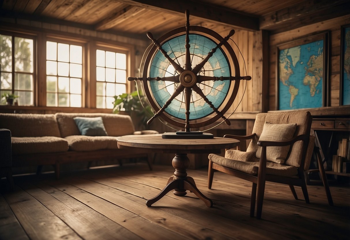 A cozy living room with vintage nautical maps adorning the walls, a wooden ship wheel as a centerpiece, and a rustic globe on a weathered table