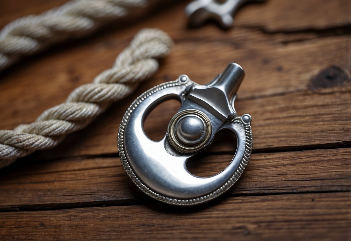 A seashell bottle opener sits on a weathered wooden table, surrounded by nautical decor like ropes, anchors, and a ship wheel