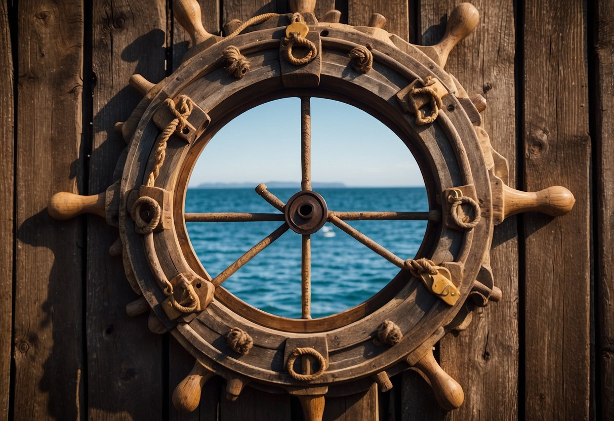 A porthole window frame mounted on a weathered wooden wall, surrounded by nautical-themed decorations like a ship's wheel, anchor, and rope