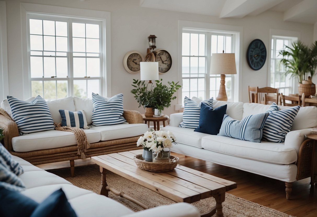 A cozy coastal living room with striped nautical cushions on a white sofa, surrounded by blue and white decor