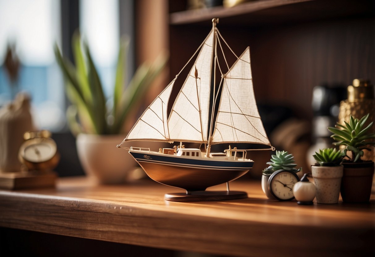 A sailboat model is displayed on a wooden shelf surrounded by nautical-themed home decor items