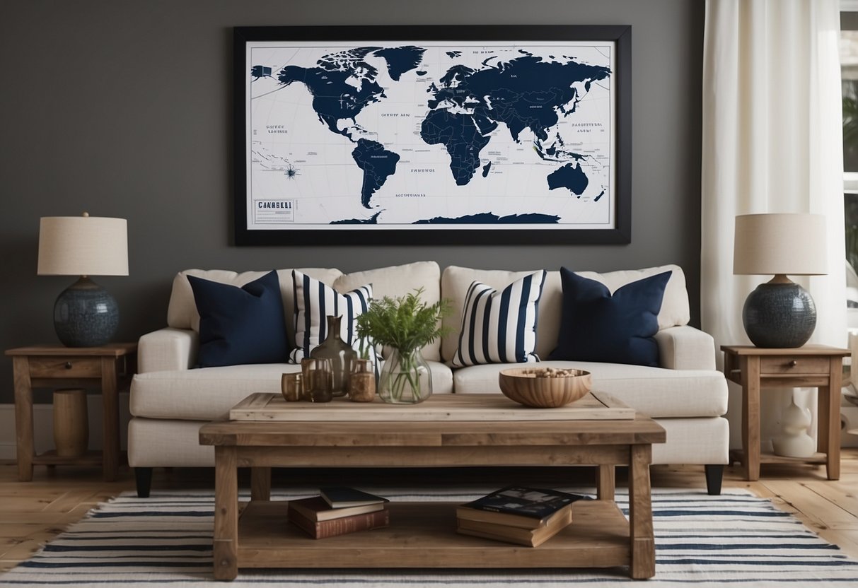 A cozy living room with navy blue and white striped throw pillows, a weathered wooden coffee table, and a framed nautical map on the wall