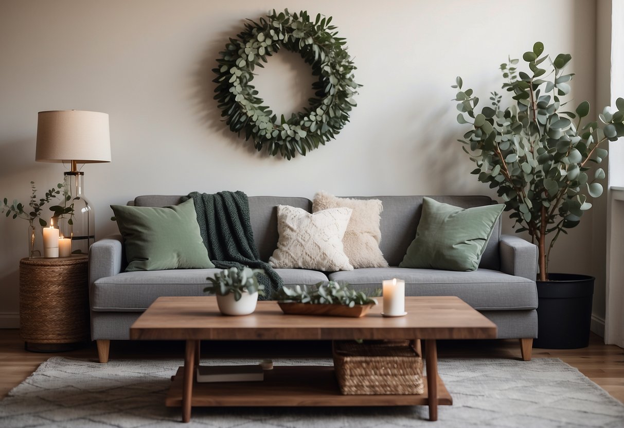 A cozy living room with eucalyptus wreaths hanging on the wall, eucalyptus-scented candles on the coffee table, and a eucalyptus leaf print throw pillow on the sofa