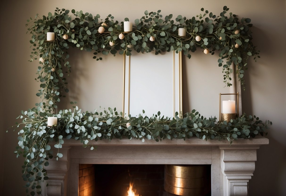 A lush eucalyptus garland drapes elegantly across a rustic mantel, adding a touch of natural beauty to the home decor