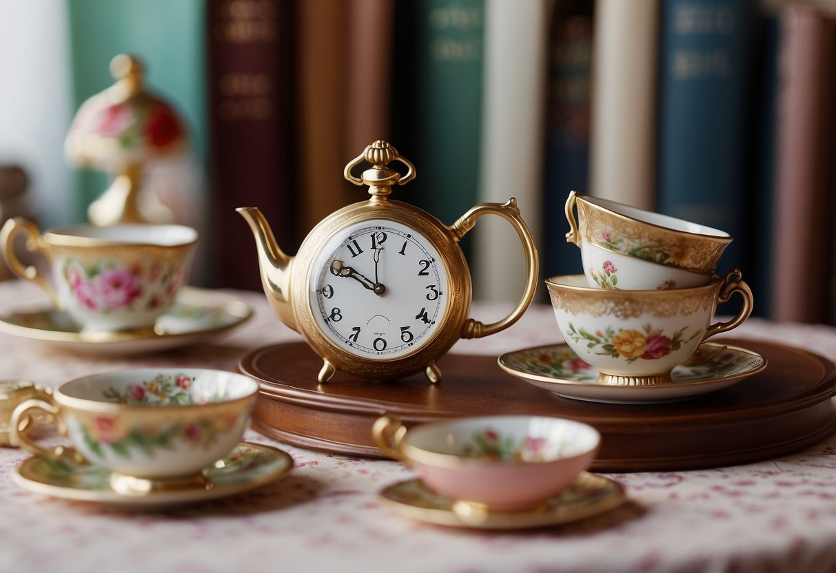 A whimsical tea party set with mismatched teacups, playing cards, and a floral tablecloth. A pocket watch and a key on a bookshelf