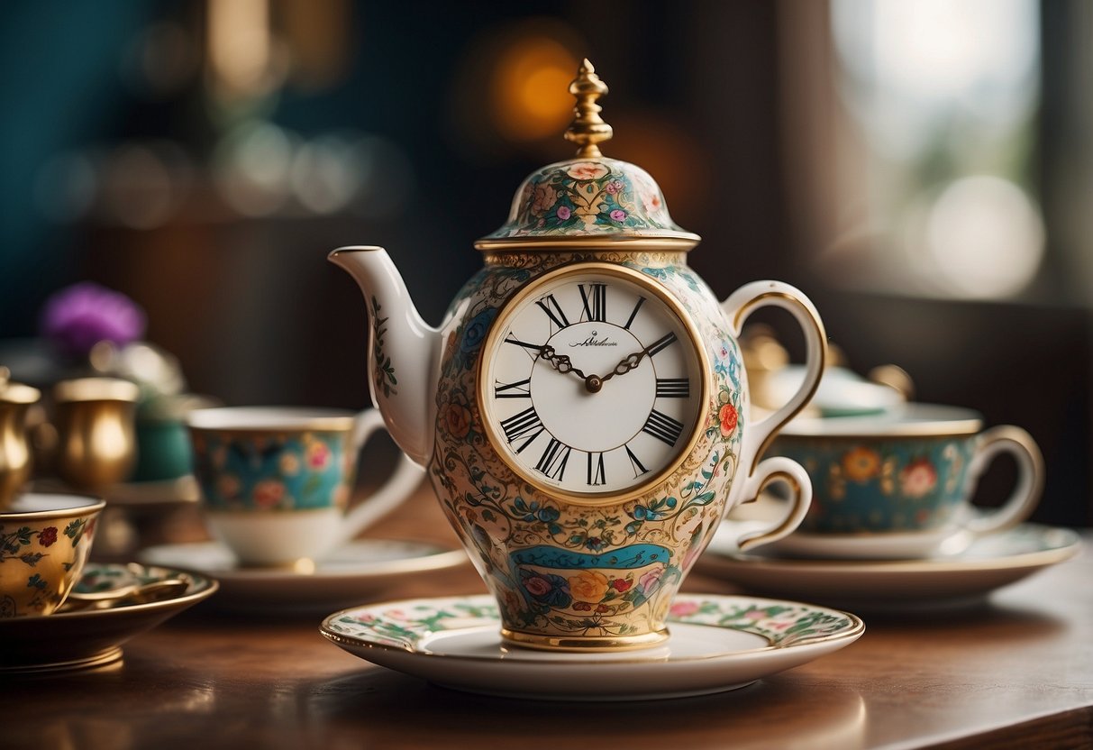 A teacup-shaped clock with whimsical designs and colorful patterns sits atop a table, surrounded by teapots, playing cards, and other Alice in Wonderland themed decor