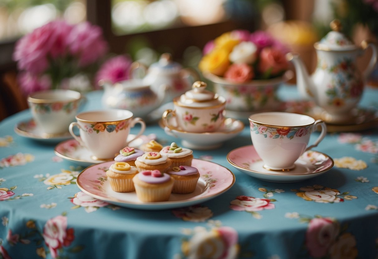 A colorful, whimsical tea party tablecloth adorned with images of Alice in Wonderland characters, surrounded by mismatched vintage teacups and saucers, and a variety of delicious pastries and cakes