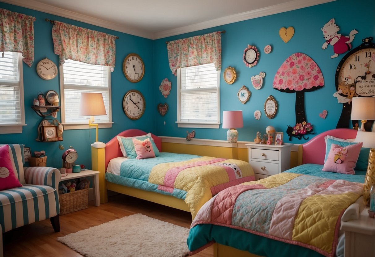 An inviting bedroom with Alice in Wonderland themed bedding, featuring whimsical characters and vibrant colors. Decor includes tea party accents and playful wall art