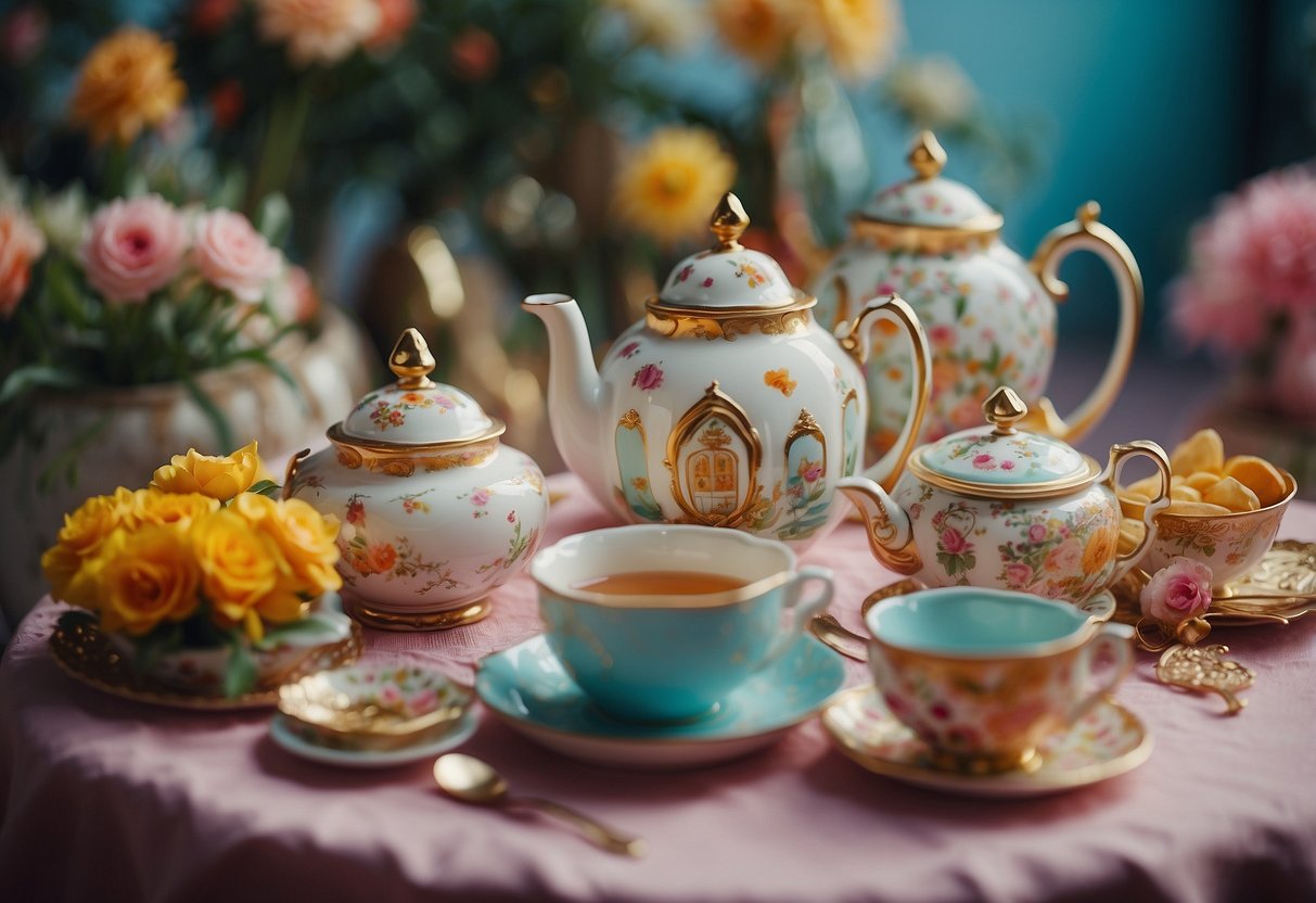 A whimsical tea party set in a vibrant, fantastical world with eccentric characters and playful decor