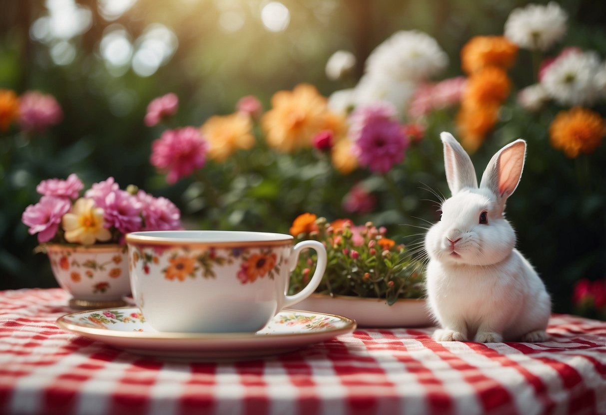 An enchanting tea party set in a whimsical garden, surrounded by oversized flowers and playing cards. A curious white rabbit peeks out from behind a vibrant, checkered tablecloth