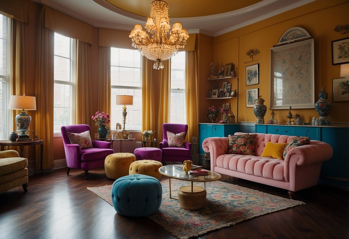 A whimsical living room with vibrant, mismatched furniture and walls painted in bold, contrasting colors. A teacup chandelier hangs from the ceiling, while oversized playing cards adorn the walls