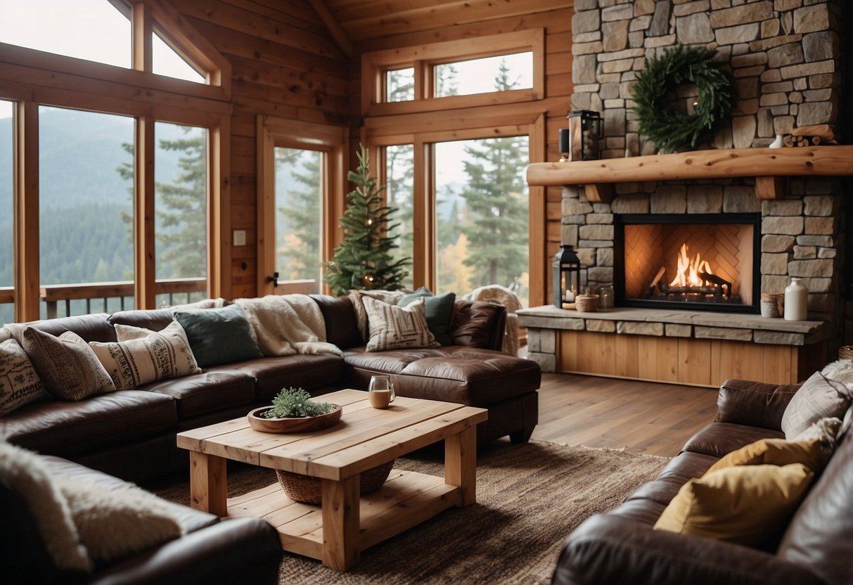 A cozy cabin living room with a stone fireplace, plaid couch, wooden coffee table, and nature-inspired decor