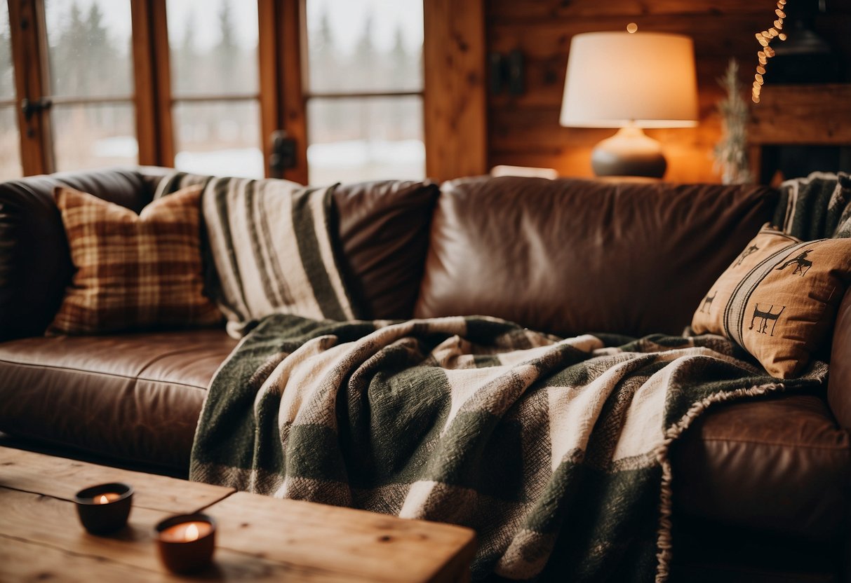 A cozy cabin living room with plaid throw blankets draped over a rustic couch, complementing the warm and inviting home decor