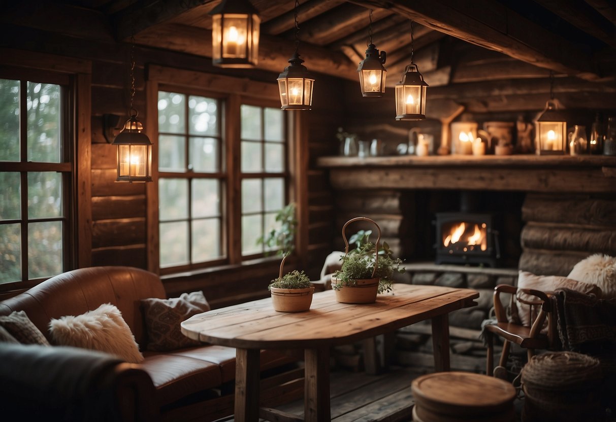 Rustic cabin interior with vintage lanterns hanging from wooden beams, casting warm, flickering light on cozy furniture and earthy decor