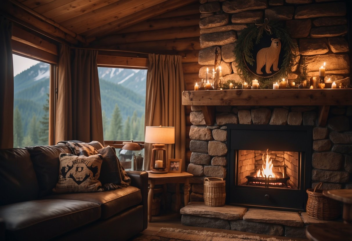 Bear-themed curtains hang in a cozy cabin, with rustic wooden furniture and a warm fireplace in the background