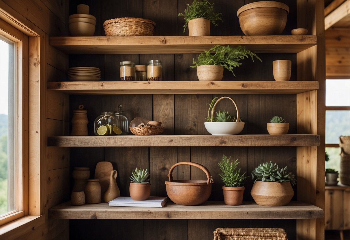 Rustic wooden shelves adorn a cozy cabin interior, showcasing a collection of reclaimed wood decor and natural elements