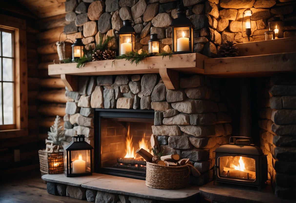 A cozy stone fireplace mantel with rustic cabin decor, adorned with vintage lanterns, wooden frames, and a stack of firewood