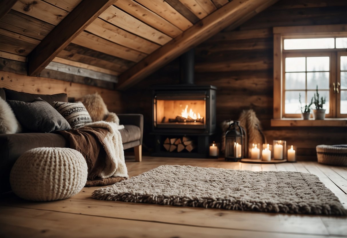 A rustic cabin interior with warm, cozy wool rugs, creating a welcoming and comfortable atmosphere. The rugs are spread across the wooden floor, adding texture and warmth to the space