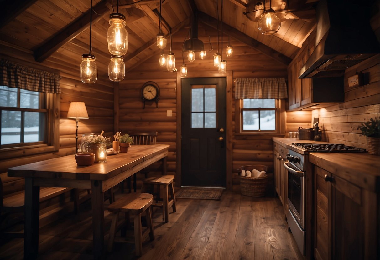 A cozy cabin interior with mason jar lighting hanging from the ceiling, casting a warm and inviting glow throughout the space