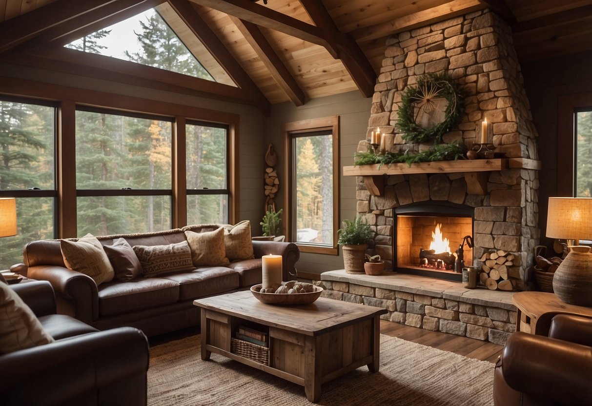 A cozy cabin living room with rustic wooden furniture, a stone fireplace, and warm earthy tones. A large window allows natural light to fill the space, with forest views outside