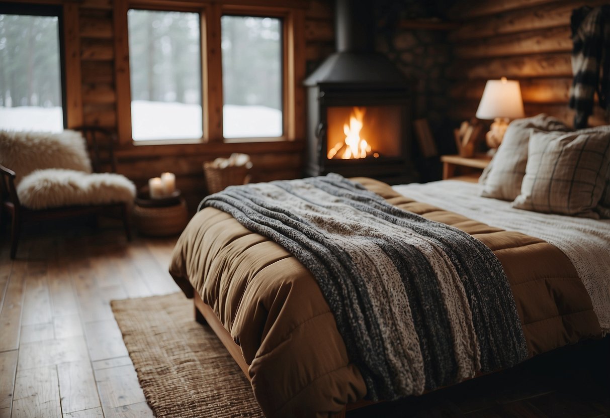 A rustic cabin interior with warm, textured blankets, fluffy pillows, and wooden accents. A crackling fire adds a cozy touch