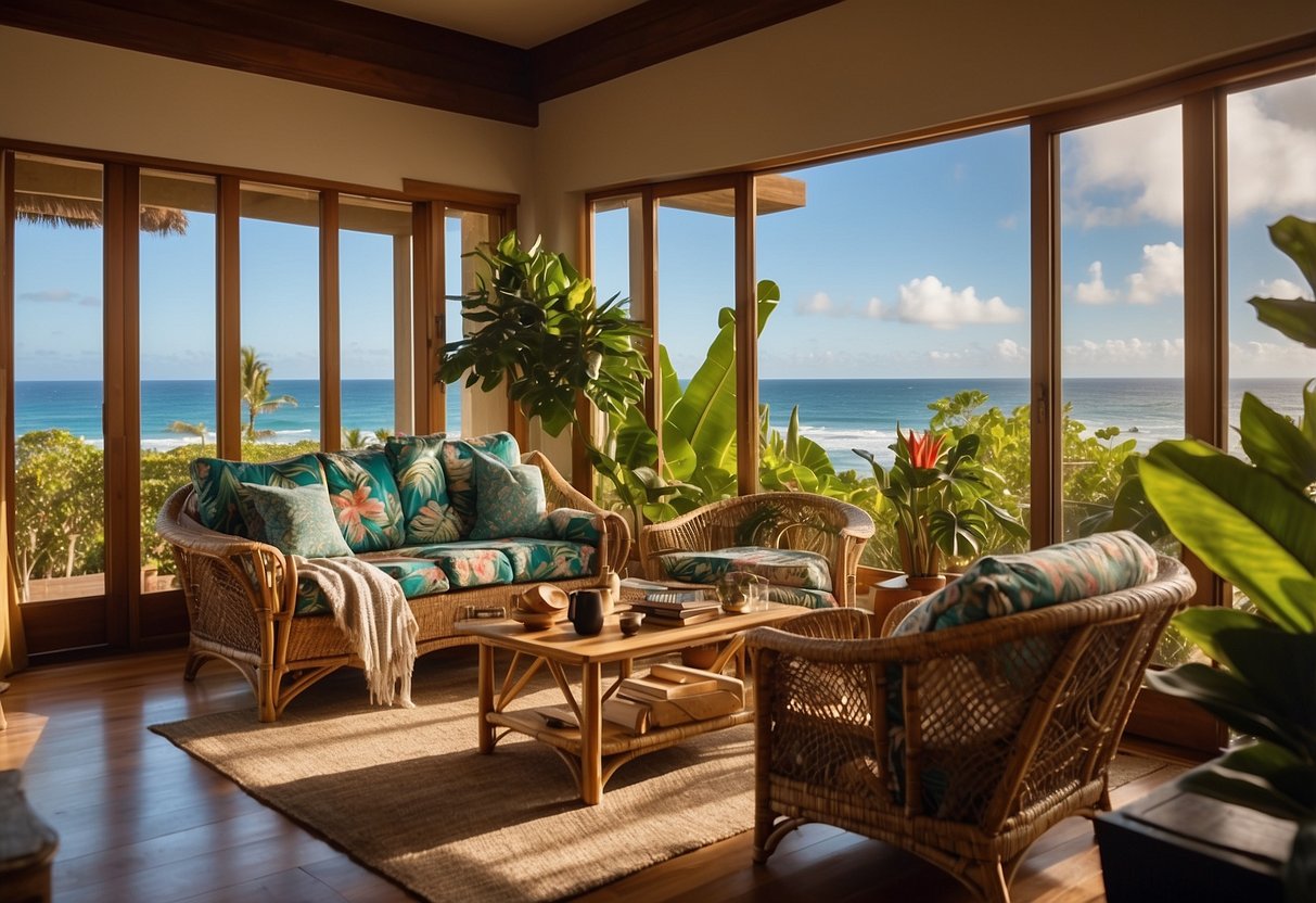 A cozy living room with tropical prints, rattan furniture, and vibrant colors. A surfboard leans against the wall, and a ukulele sits on a side table. Windows are open, letting in the warm Hawaiian breeze