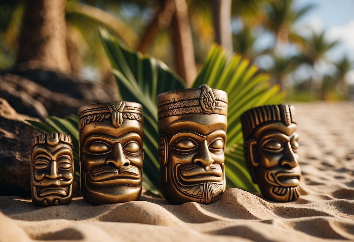 A serene beach setting with palm trees and tiki statues scattered around, creating a peaceful and tropical Hawaiian home decor vibe