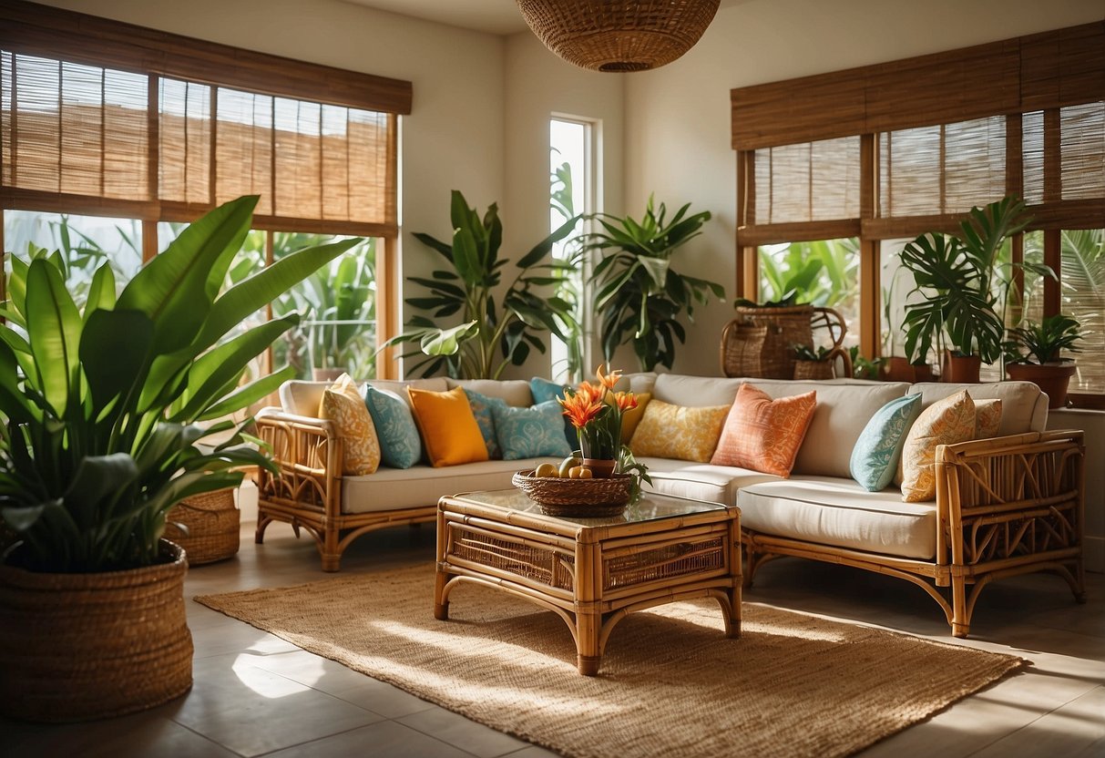 A cozy living room with bamboo blinds, tropical plants, and Hawaiian-themed decor. The room is filled with natural light and features rattan furniture and colorful accents