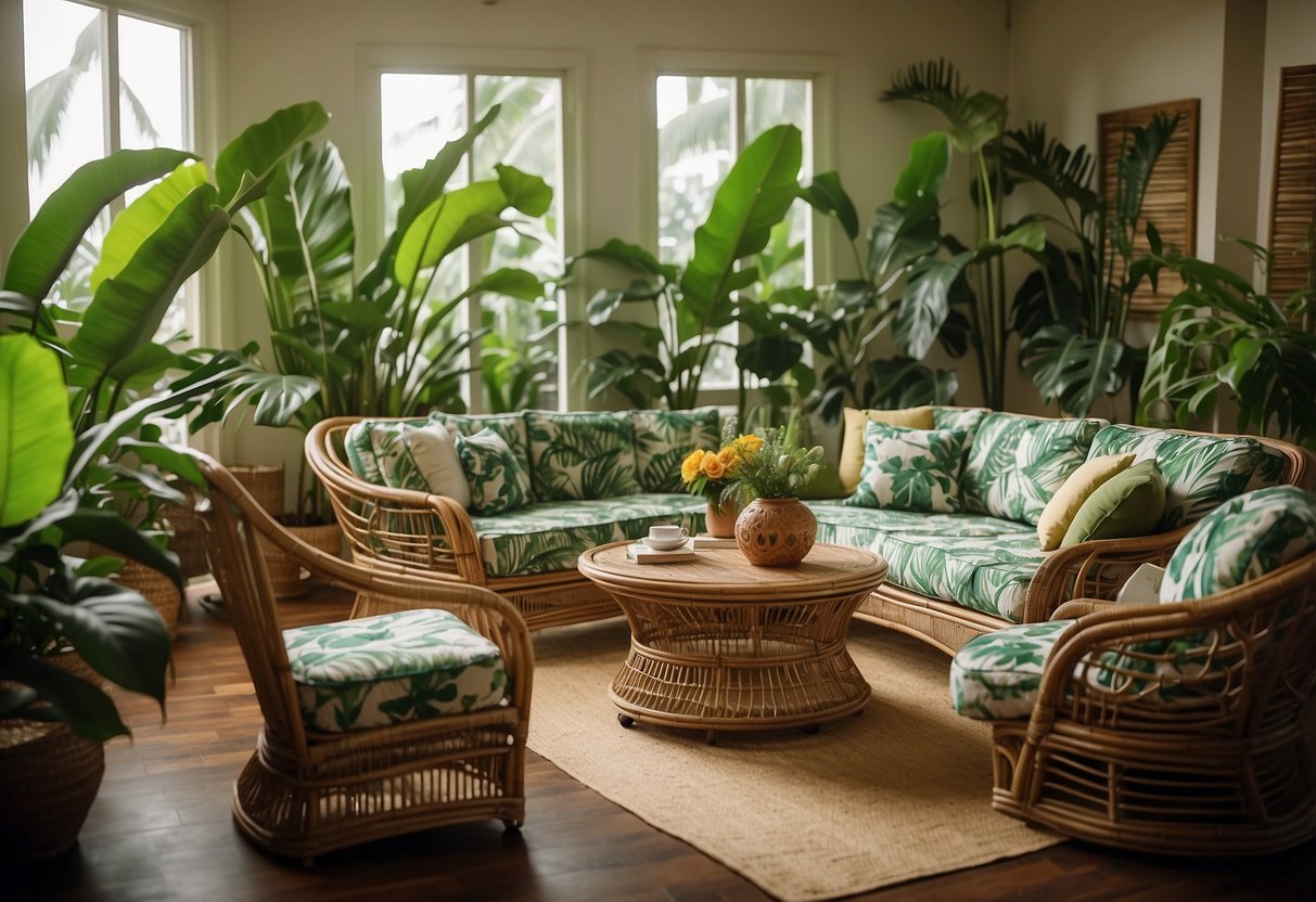 A cozy living room with rattan furniture, adorned with tropical prints and lush green plants, evoking a Hawaiian home decor vibe