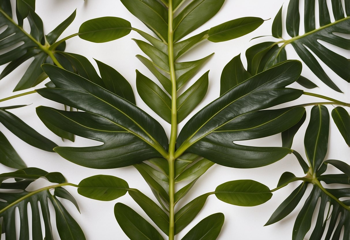 Vibrant tropical leaves arranged in a symmetrical pattern against a white background, creating a bold and eye-catching wall art piece for Hawaiian home decor