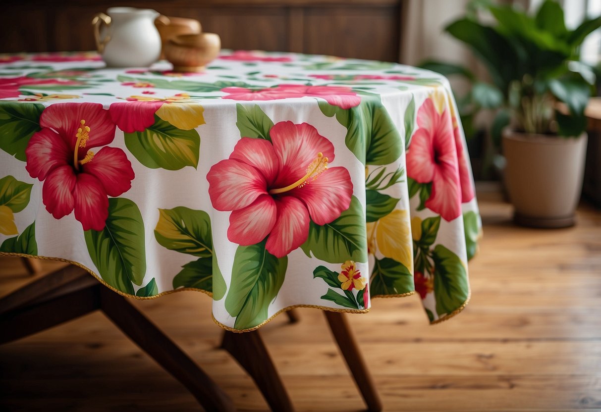 A vibrant hibiscus floral tablecloth adorns a wooden table, bringing a touch of Hawaiian charm to the home decor