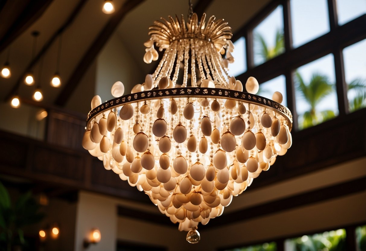 A grand chandelier made of seashells hangs in a Hawaiian home, casting a warm, beachy glow over the room