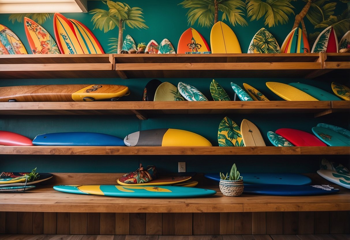 A wooden shelf holds colorful surfboards against a backdrop of tropical Hawaiian decor