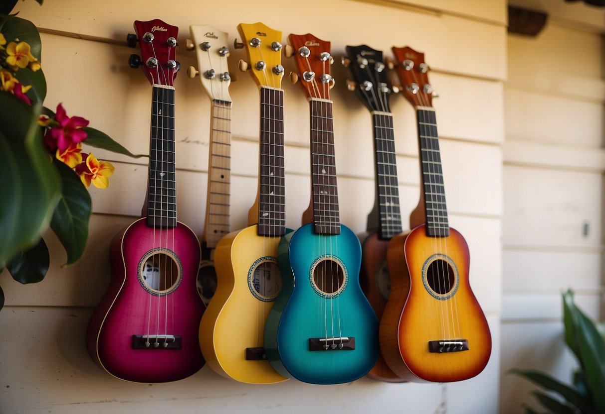 Colorful ukulele wall hangings adorn a sunny Hawaiian home, adding a touch of island charm to the decor