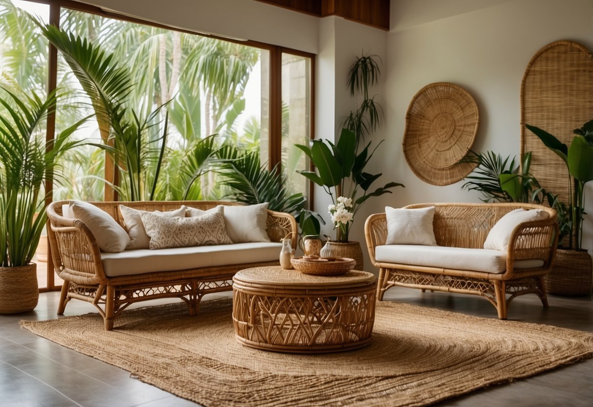 A room with bamboo furniture, seashell wall art, and a woven grass rug, surrounded by tropical plants and natural light