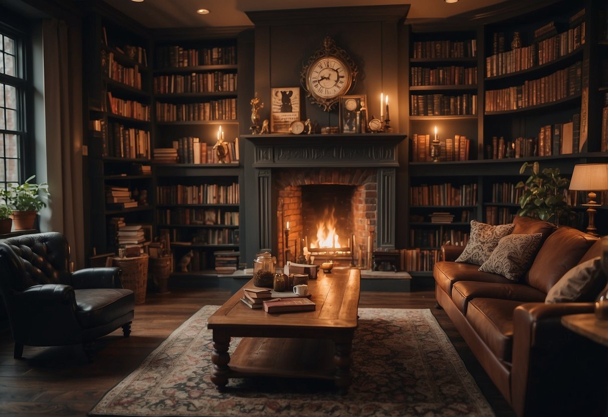 A cozy living room with a fireplace, bookshelves filled with magical books, and a table set with Hogwarts-themed decor