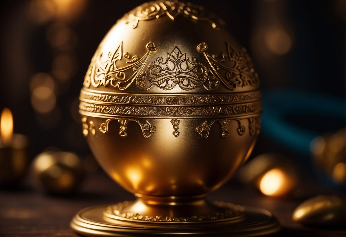 A golden egg sits atop a pedestal, emitting a soft glow. Surrounding it are magical symbols and intricate designs, perfect for Harry Potter-themed home decor