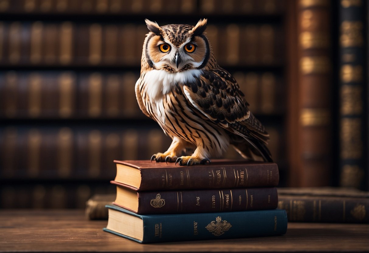 An owl bookend perched on a stack of Harry Potter books, with a feathered quill and parchment nearby