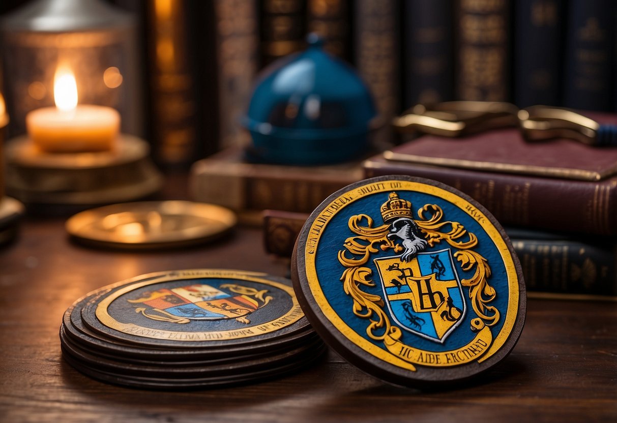 House Crest Coasters arranged on a wooden table, surrounded by Harry Potter memorabilia and books. A wand and wizard hat sit nearby