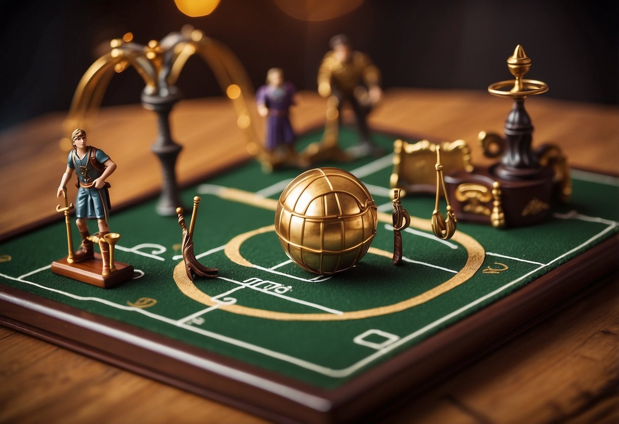 A miniature Quidditch pitch set on a coffee table, with tiny goal hoops, broomsticks, and flying golden snitch