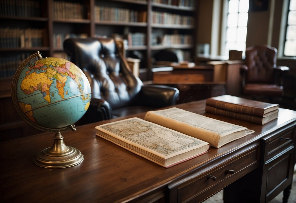 A sleek desk with a leather chair, bookshelves filled with leather-bound books, a vintage globe, and a framed map on the wall