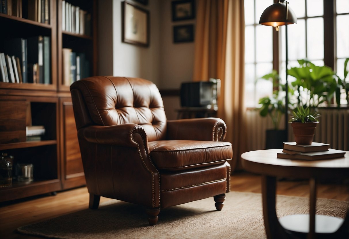 A vintage leather armchair sits in a well-lit home office, surrounded by masculine decor and accessories