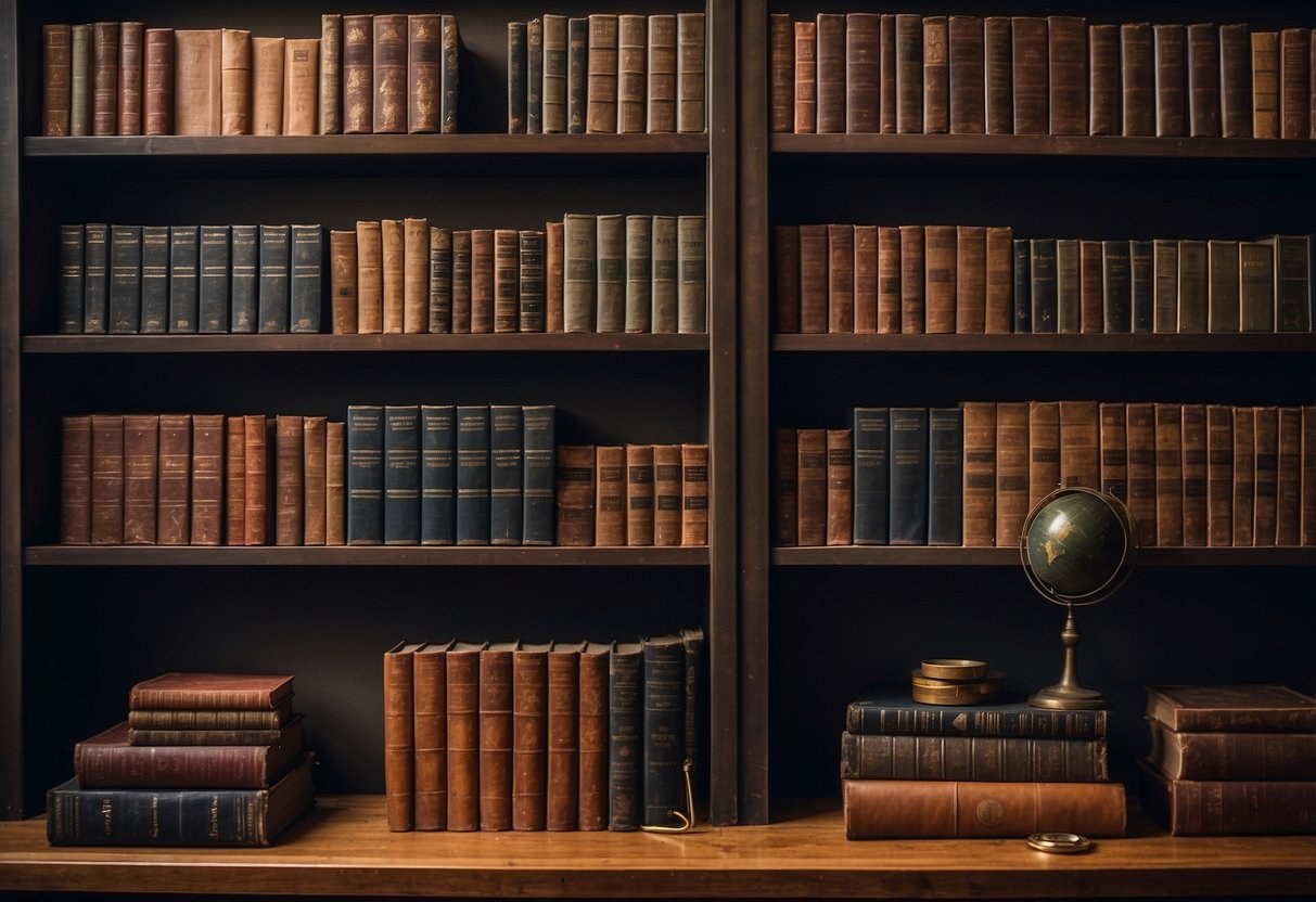 A sturdy metal bookshelf filled with leather-bound books, vintage globes, and industrial desk accessories