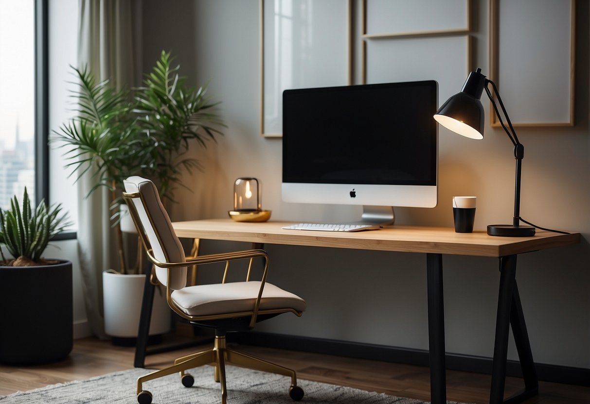 A sleek, modern desk lamp illuminates a clutter-free workspace with a minimalist aesthetic, adding a touch of sophistication to the men's home office decor